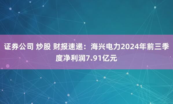 证券公司 炒股 财报速递：海兴电力2024年前三季度净利润7.91亿元